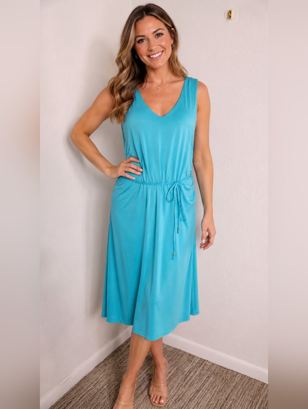 Kelly by Clinton Kelly Sleeveless Teal V-Neck Tie-Waist Midi-Dress, Size 1X